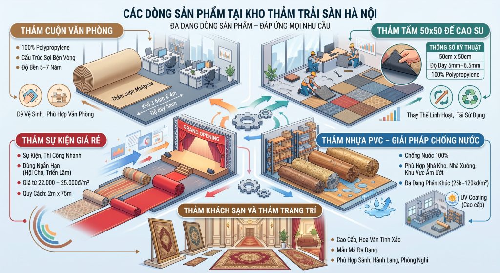 Kho thảm trải s&agrave;n H&agrave; Nội cung cấp đa dạng c&aacute;c d&ograve;ng sản phẩm, đ&aacute;p ứng mọi nhu cầu từ văn ph&ograve;ng, kh&aacute;ch sạn, sự kiện đến kh&ocirc;ng gian gia đ&igrave;nh