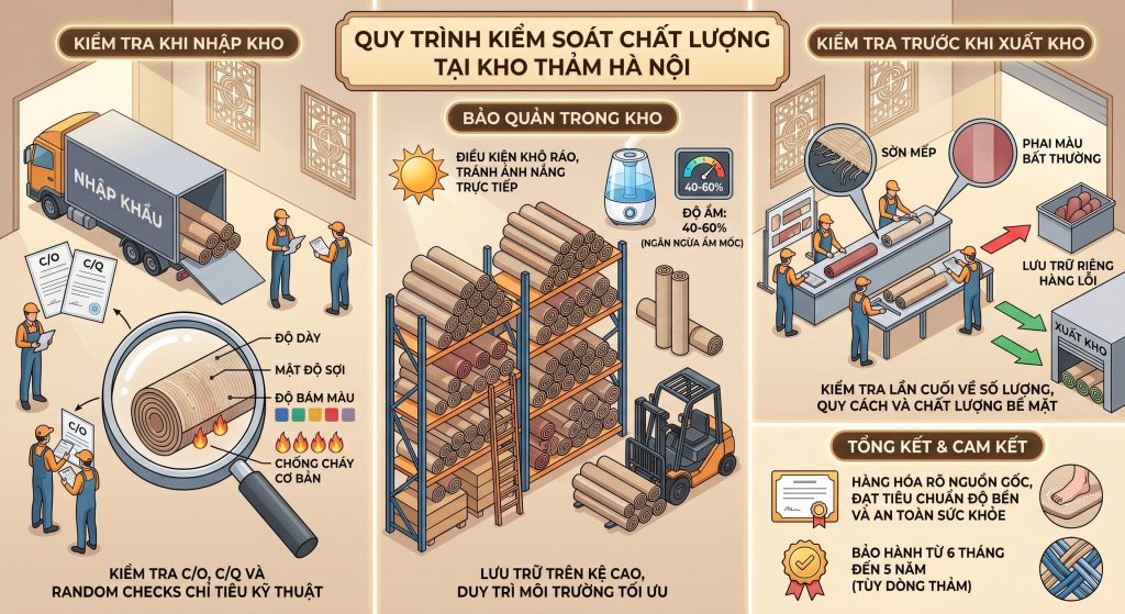 Kho thảm trải s&agrave;n H&agrave; Nội uy t&iacute;n cam kết kiểm so&aacute;t chất lượng nghi&ecirc;m ngặt từ khi nhập kho đến khi xuất kho, đảm bảo sản phẩm đạt chuẩn về độ bền, an to&agrave;n v&agrave; độ thẩm mỹ cao