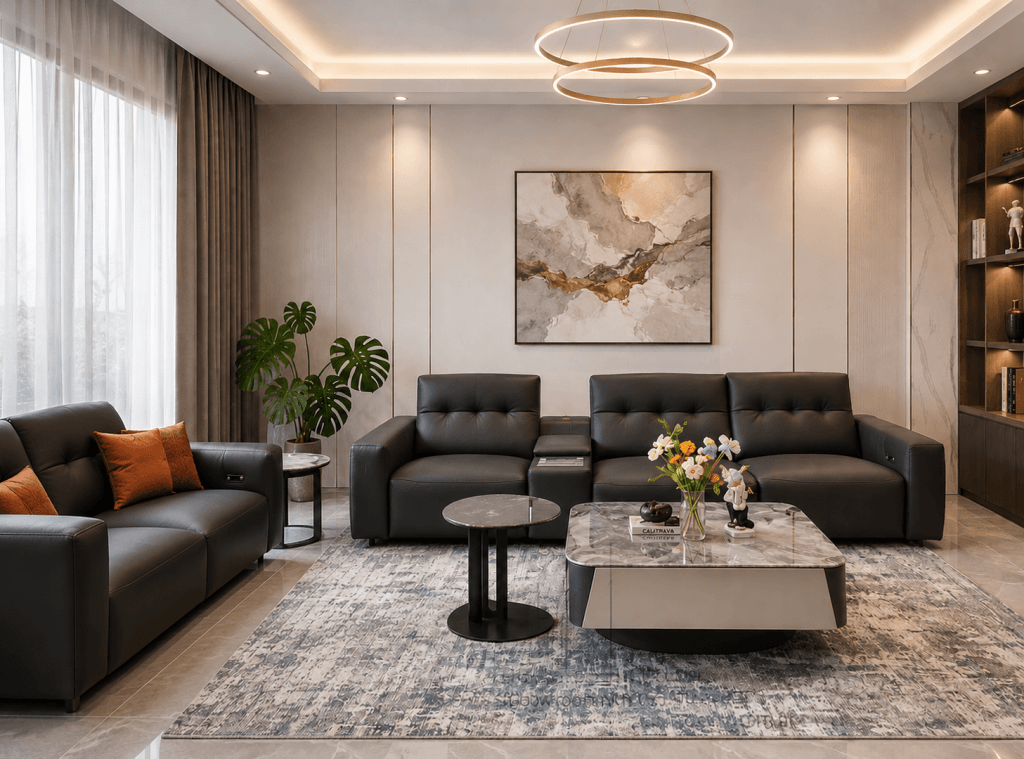 Đối với sofa g&oacute;c, L-shape hoặc bộ sofa lớn, k&iacute;ch thước thảm ti&ecirc;u chuẩn l&agrave; 2.4 x 3.4m hoặc lớn hơn