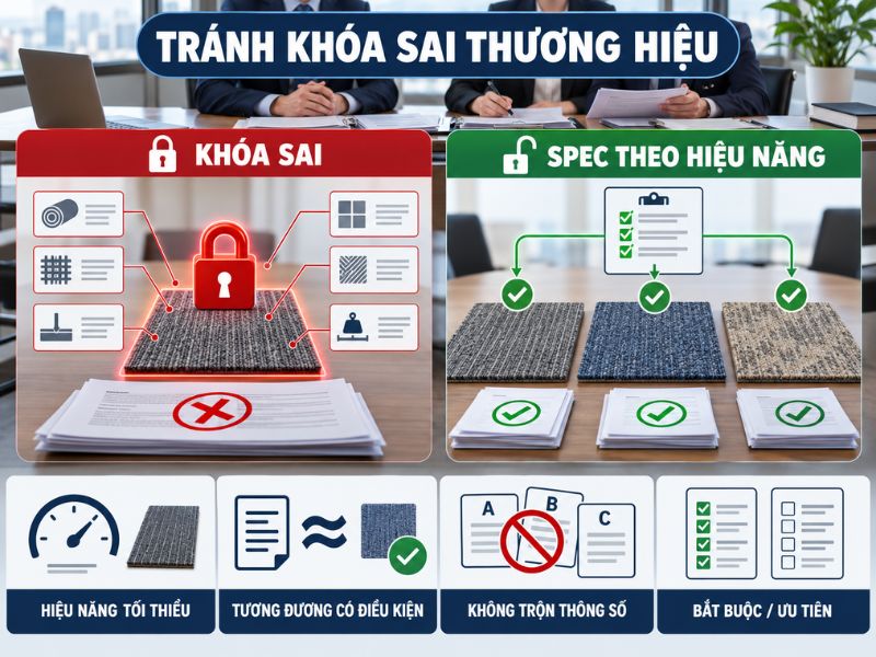 Để hạn chế t&igrave;nh trạng kh&oacute;a sai thương hiệu, spec thảm văn ph&ograve;ng n&ecirc;n ưu ti&ecirc;n viết theo hiệu năng tối thiểu, cho ph&eacute;p sản phẩm tương đương c&oacute; điều kiện, kh&ocirc;ng trộn th&ocirc;ng số của nhiều sản phẩm, t&aacute;ch y&ecirc;u cầu bắt buộc v&agrave; y&ecirc;u cầu ưu ti&ecirc;n
