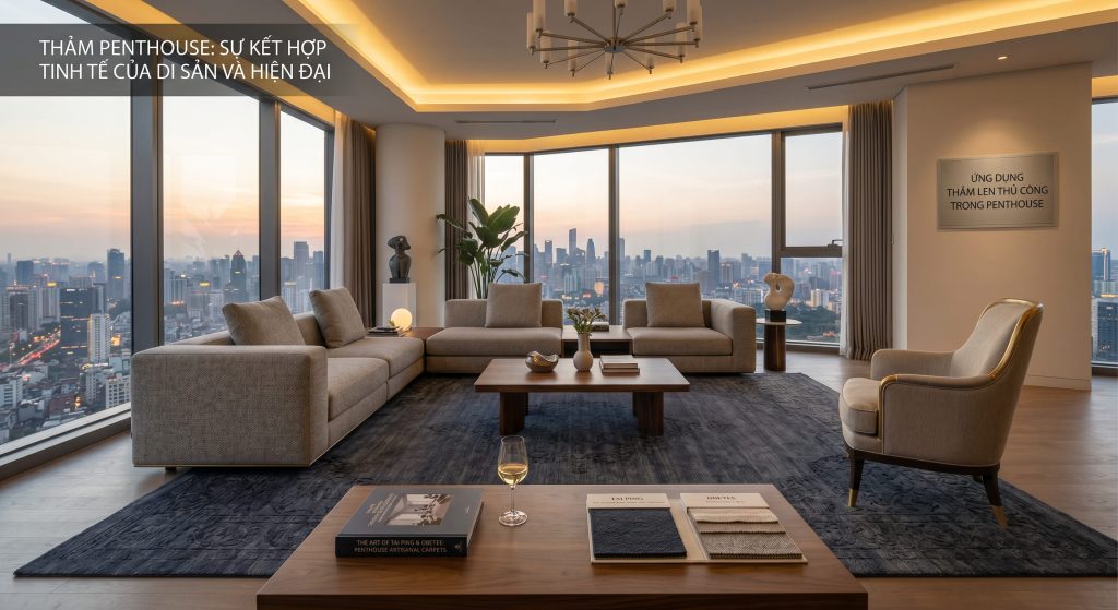 Thảm căn hộ penthouse len thủ c&ocirc;ng ph&ugrave; hợp với ph&ograve;ng kh&aacute;ch sang trọng, ph&ograve;ng ngủ hoặc c&aacute;c kh&ocirc;ng gian cần sự ấm c&uacute;ng