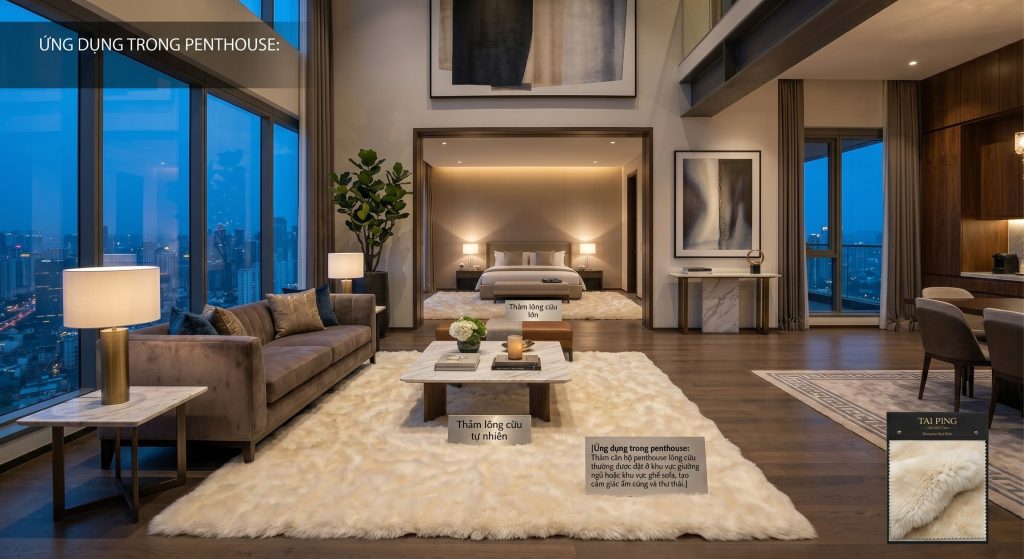 Thảm căn hộ penthouse l&ocirc;ng cừu thường được đặt ở khu vực giường ngủ hoặc khu vực ghế sofa