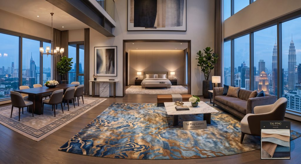 Thảm căn hộ penthouse lụa thường được bố tr&iacute; ở khu vực tiếp kh&aacute;ch để thể hiện sự sang trọng