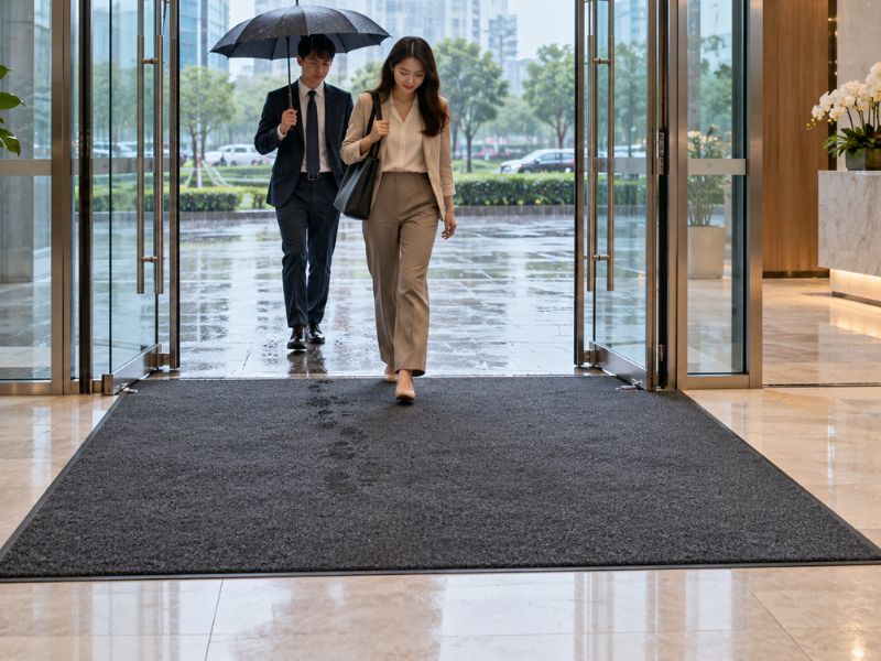 Thảm ch&ugrave;i ch&acirc;n cửa k&iacute;nh văn ph&ograve;ng l&agrave; loại thảm được bố tr&iacute; ph&iacute;a ngo&agrave;i, ph&iacute;a trong hoặc cả hai ph&iacute;a của cửa ra v&agrave;o