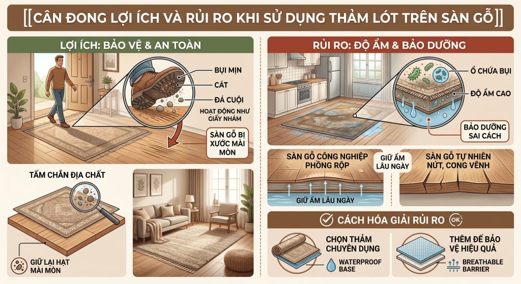 Thảm l&oacute;t tr&ecirc;n s&agrave;n gỗ c&oacute; thể bảo vệ bề mặt khỏi bụi c&aacute;t v&agrave; m&agrave;i m&ograve;n nhưng cũng c&oacute; thể l&agrave; "ổ chứa bụi" nếu kh&ocirc;ng bảo dưỡng thường xuy&ecirc;n