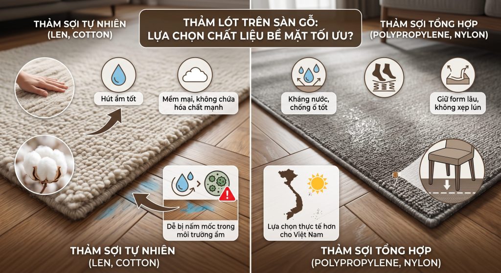 Thảm l&oacute;t tr&ecirc;n s&agrave;n gỗ c&oacute; 2 dạng chất liệu phổ biến l&agrave; thảm sợi tự nhi&ecirc;n hoặc thảm sợi tổng hợp