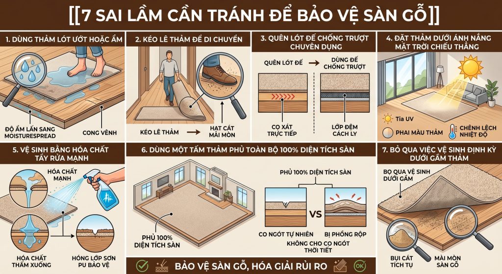 Những sai lầm cần tr&aacute;nh khi sử dụng thảm l&oacute;t tr&ecirc;n s&agrave;n gỗ