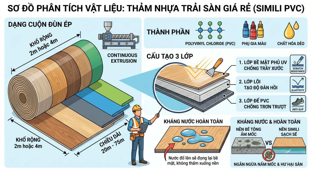 Thảm nhựa trải s&agrave;n gi&aacute; rẻ c&oacute; cấu tạo 3 lớp gồm lớp đế PVC, lớp l&otilde;i v&agrave; lớp bề mặt phủ UV