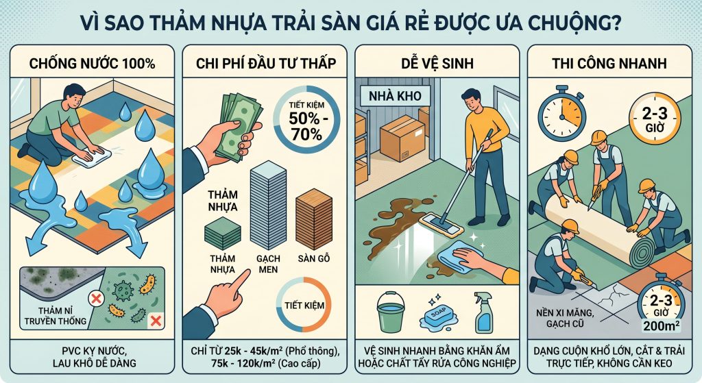 Thảm nhựa trải s&agrave;n gi&aacute; rẻ được ưa chuộng nhờ khả năng chống nước tốt, chi ph&iacute; thấp, thi c&ocirc;ng nhanh v&agrave; dễ vệ sinh