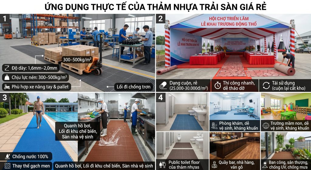 Thảm nhựa trải s&agrave;n gi&aacute; rẻ c&oacute; thể được ứng dụng trọng nhiều kh&ocirc;ng gian kh&aacute;c nhau