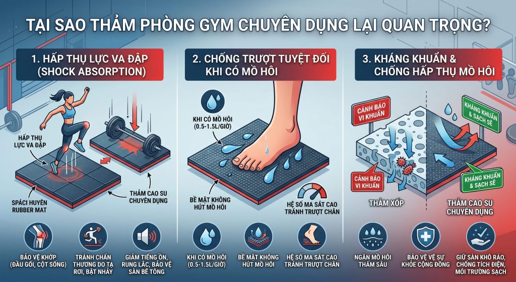 Thảm ph&ograve;ng Gym chuy&ecirc;n dụng phải đ&aacute;p ứng ba ti&ecirc;u ch&iacute; kỹ thuật hấp thụ lực va đập, chống trượt tuyệt đối khi c&oacute; mồ h&ocirc;i, kh&aacute;ng khuẩn v&agrave; chống hấp thụ mồ h&ocirc;i