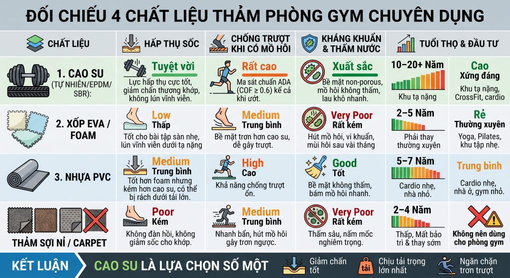 So s&aacute;nh bốn loại chất liệu thảm ph&ograve;ng Gym chuy&ecirc;n dụng phổ biến hiện nay
