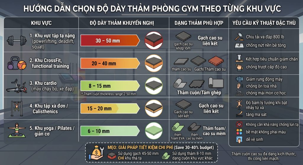 Hướng dẫn chọn độ d&agrave;y thảm ph&ograve;ng gym chuy&ecirc;n dụng theo từng khu vực