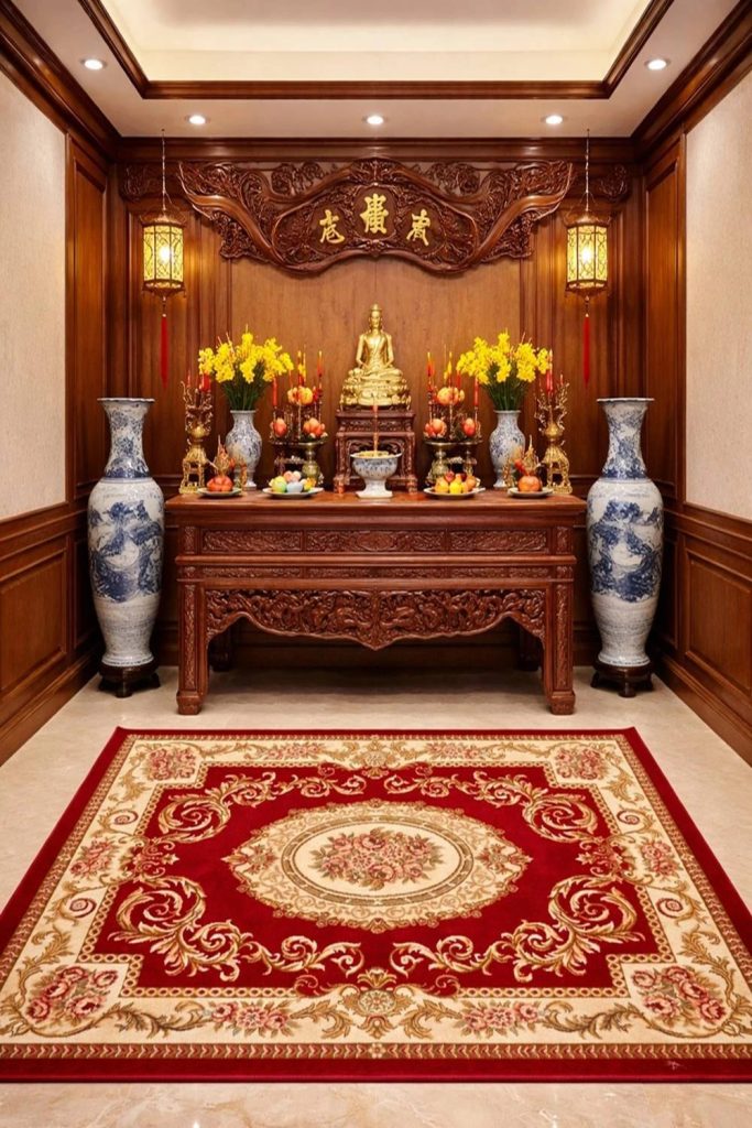 Thảm ph&ograve;ng thờ hoa văn cổ điển c&oacute; viền ph&ugrave; hợp với ph&ograve;ng thờ đặt &aacute;n gian, sập thờ hoặc b&agrave;n thờ lớn