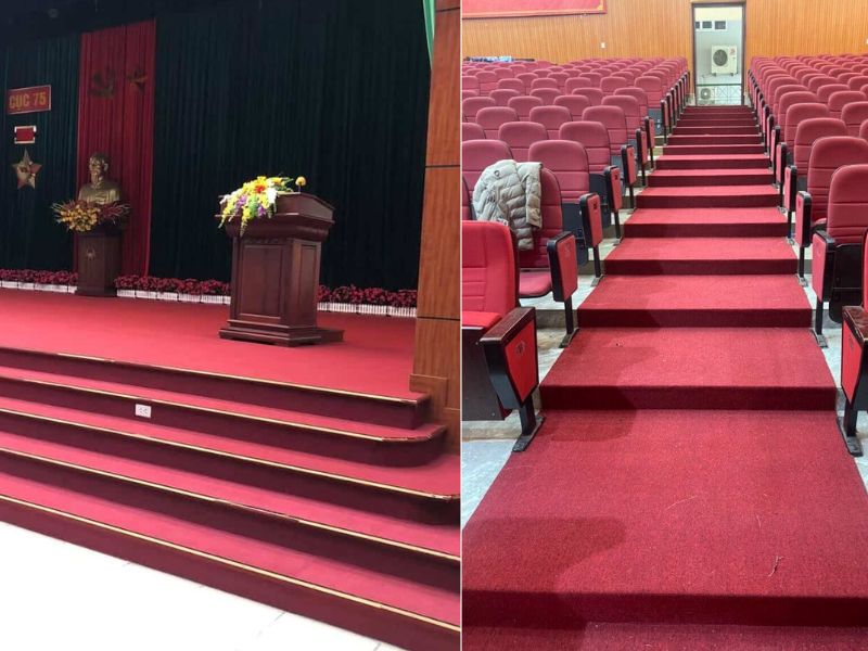 Thảm s&acirc;n khấu hội trường l&agrave; d&ograve;ng thảm chuy&ecirc;n d&ugrave;ng cho khu vực s&acirc;n khấu, bục ph&aacute;t biểu, trong khi thảm h&agrave;nh lang được sử dụng chủ yếu tại lối đi