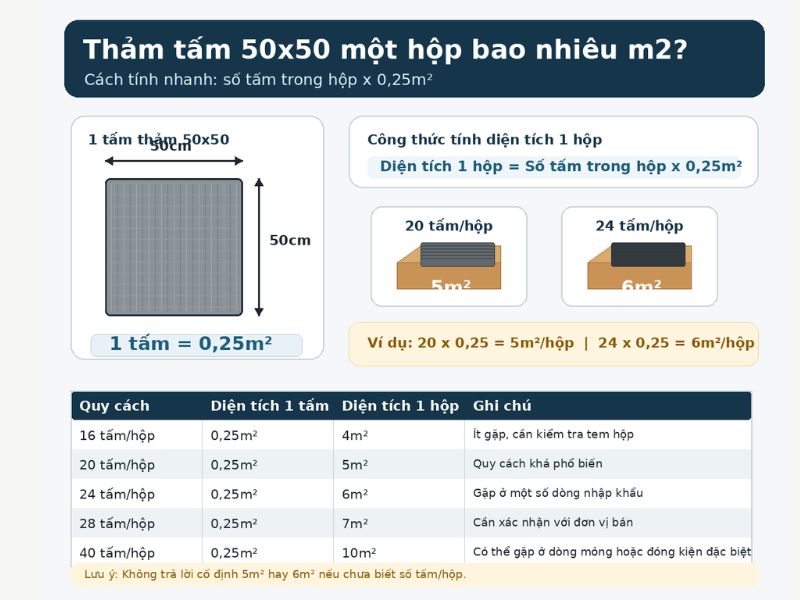 Thảm tấm 50x50 một hộp bao nhiêu m2 phụ thuộc vào số tấm trong hộp; hộp 20 tấm tương đương 5m², hộp 24 tấm tương đương 6m² và cần kiểm tra quy cách thật trước khi mua