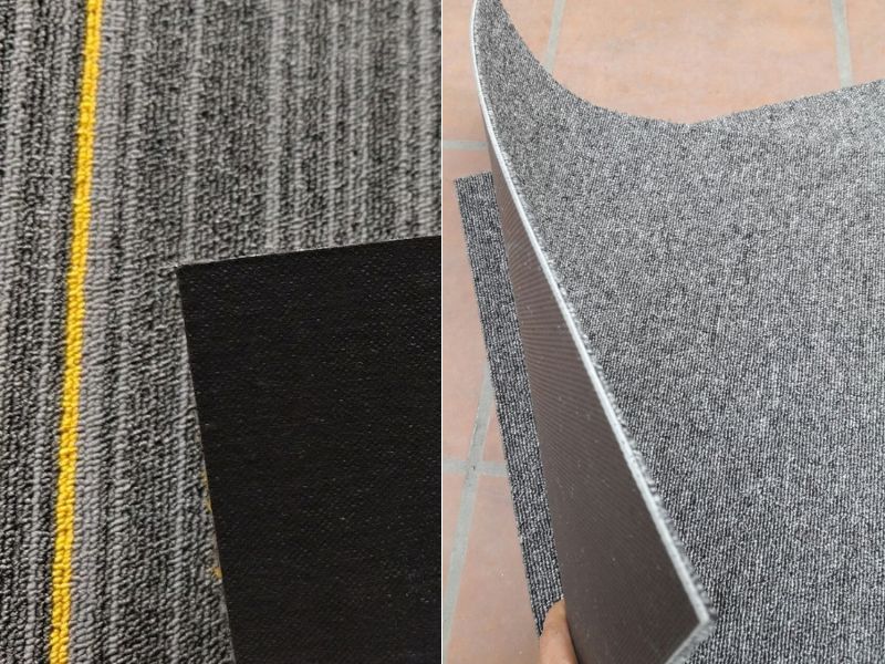 Thảm tấm đế bitumen v&agrave; đế cao su đều l&agrave; thảm trải s&agrave;n dạng vi&ecirc;n, thường c&oacute; k&iacute;ch thước phổ biến 50x50cm, kh&aacute;c nhau ở chất liệu lớp đế