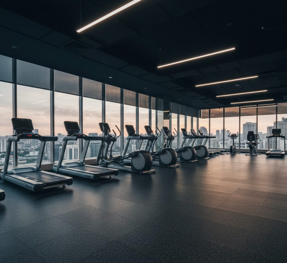 Một khu vực Cardio trong phòng gym, sàn được lót thảm cao su cuộn màu đen với các máy chạy bộ và xe đạp. Không gian sạch sẽ, hiện đại