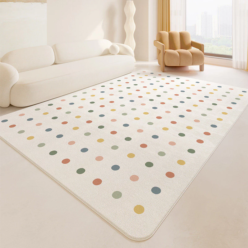 Thảm trải s&agrave;n ph&ograve;ng kh&aacute;ch mẫu mới 2026 l&ocirc;ng sợi ngắn Bohemian chấm bi (Polka Dots)