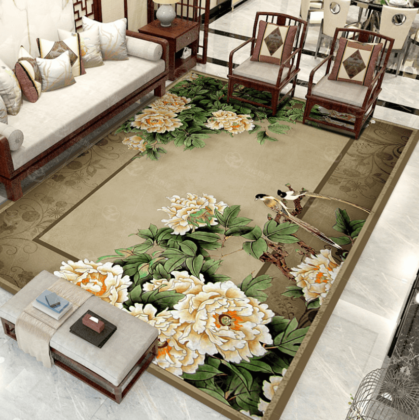 Thảm trải s&agrave;n ph&ograve;ng kh&aacute;ch mẫu mới 2026 họa tiết điện ảnh (Vintage Oriental Pattern)