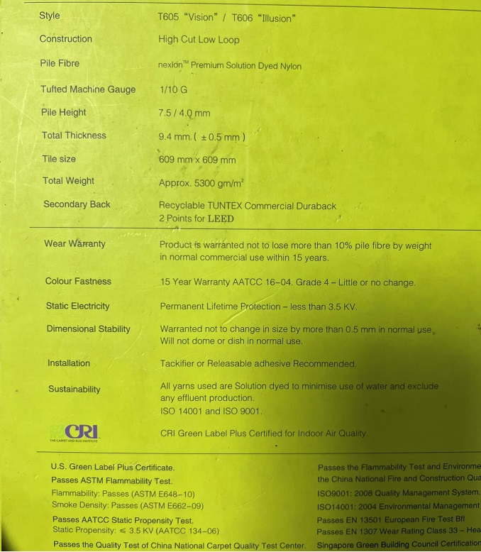 Thông số kĩ thuật sản phẩm thảm tấm tuntex T606