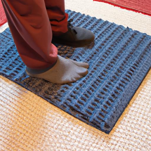 Người kiểm tra tính năng chống trượt của một chiếc thảm chùi chân bằng cách đặt chân lên.