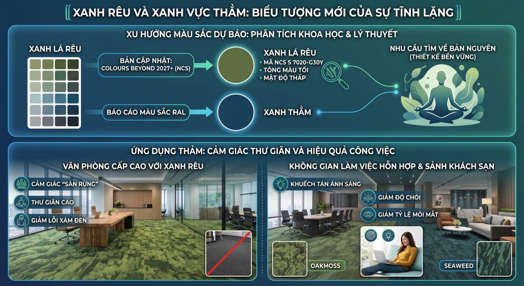 Xu hướng m&agrave;u thảm 2027 c&oacute; t&ocirc;ng "Oakmoss" (địa y sồi) hoặc "Seaweed" được t&iacute;ch hợp trong bộ sưu tập thảm ph&ograve;ng l&agrave;m việc, ph&ograve;ng họp v&agrave; sảnh kh&aacute;ch sạn
