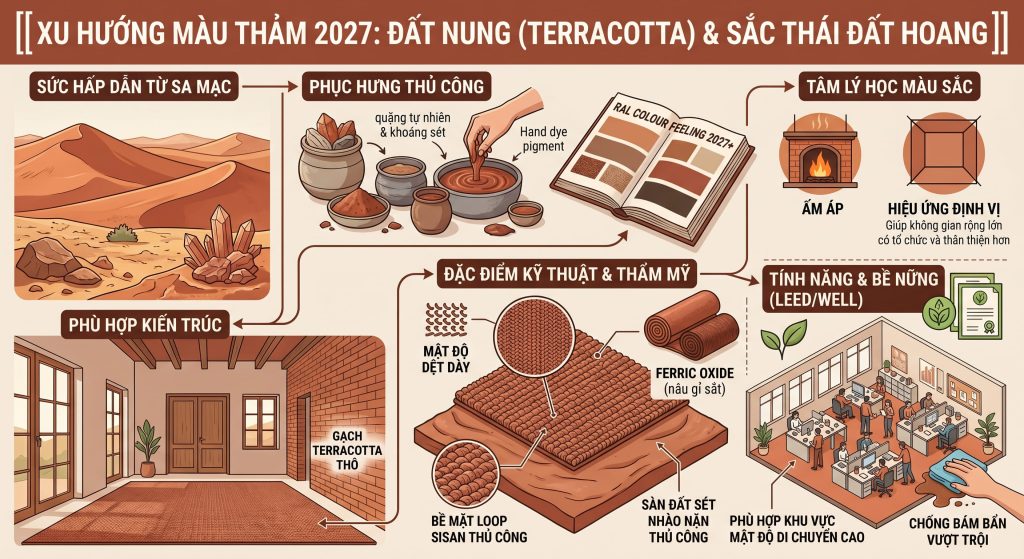 M&agrave;u đất nung trong xu hướng m&agrave;u thảm 2027 thường được kết hợp với mật độ dệt d&agrave;y v&agrave; bề mặt kh&ocirc;ng đều để tạo hiệu ứng &ldquo;s&agrave;n đất s&eacute;t nh&agrave;o nặn thủ c&ocirc;ng&rdquo;