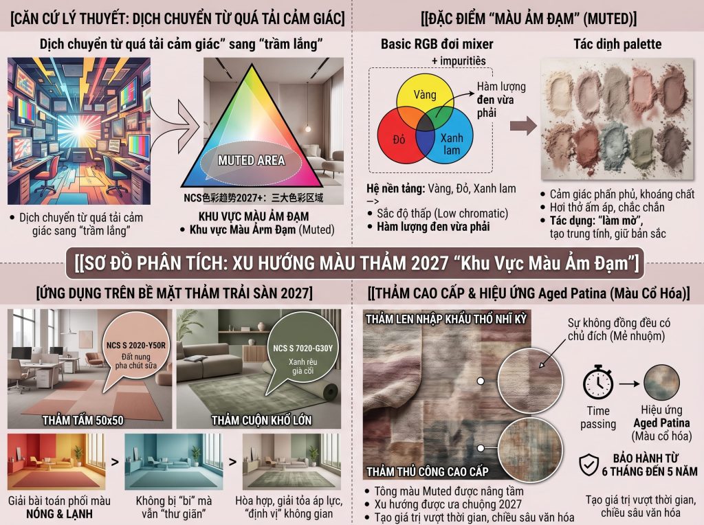 Việc &aacute;p dụng xu hướng m&agrave;u thảm 2027 dựa tr&ecirc;n l&yacute; thuyết &ldquo;m&agrave;u ảm đạm&rdquo; gi&uacute;p điều phối c&aacute;c t&ocirc;ng m&agrave;u n&oacute;ng v&agrave; lạnh m&agrave; kh&ocirc;ng g&acirc;y sốc thị gi&aacute;c